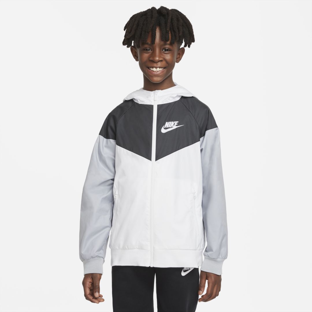 Shop Nike Sportswear Windrunner Big Kids' (boys') Loose Hip-length Hooded Jacket In White