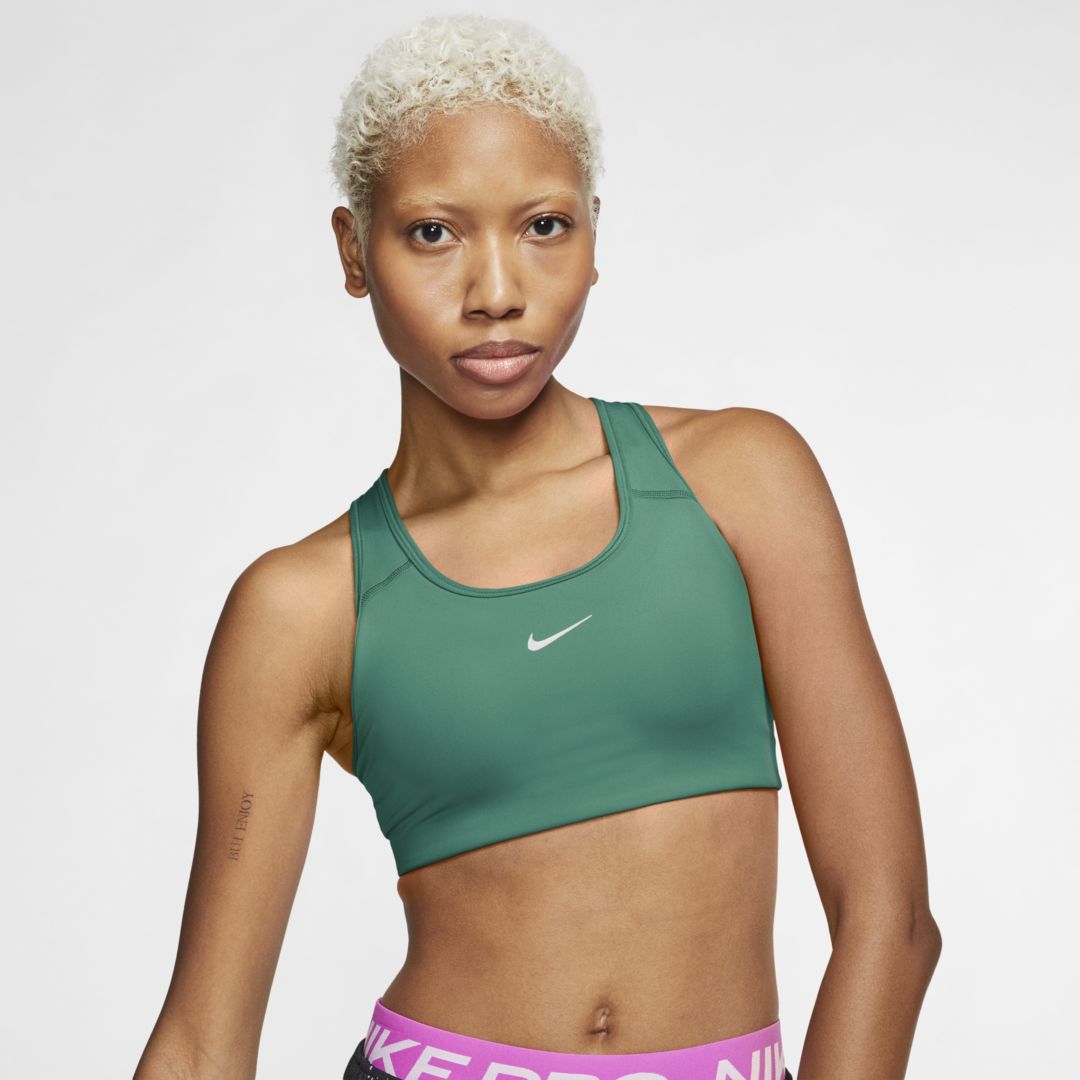 Nike Swoosh Medium-Support 1-Piece Pad Sports Bra Rosewood The Nike Dri-FIT Swoosh  Sports Bra features our removable 1-piece pad designed to load easily from  the top and keep a smooth and consistent