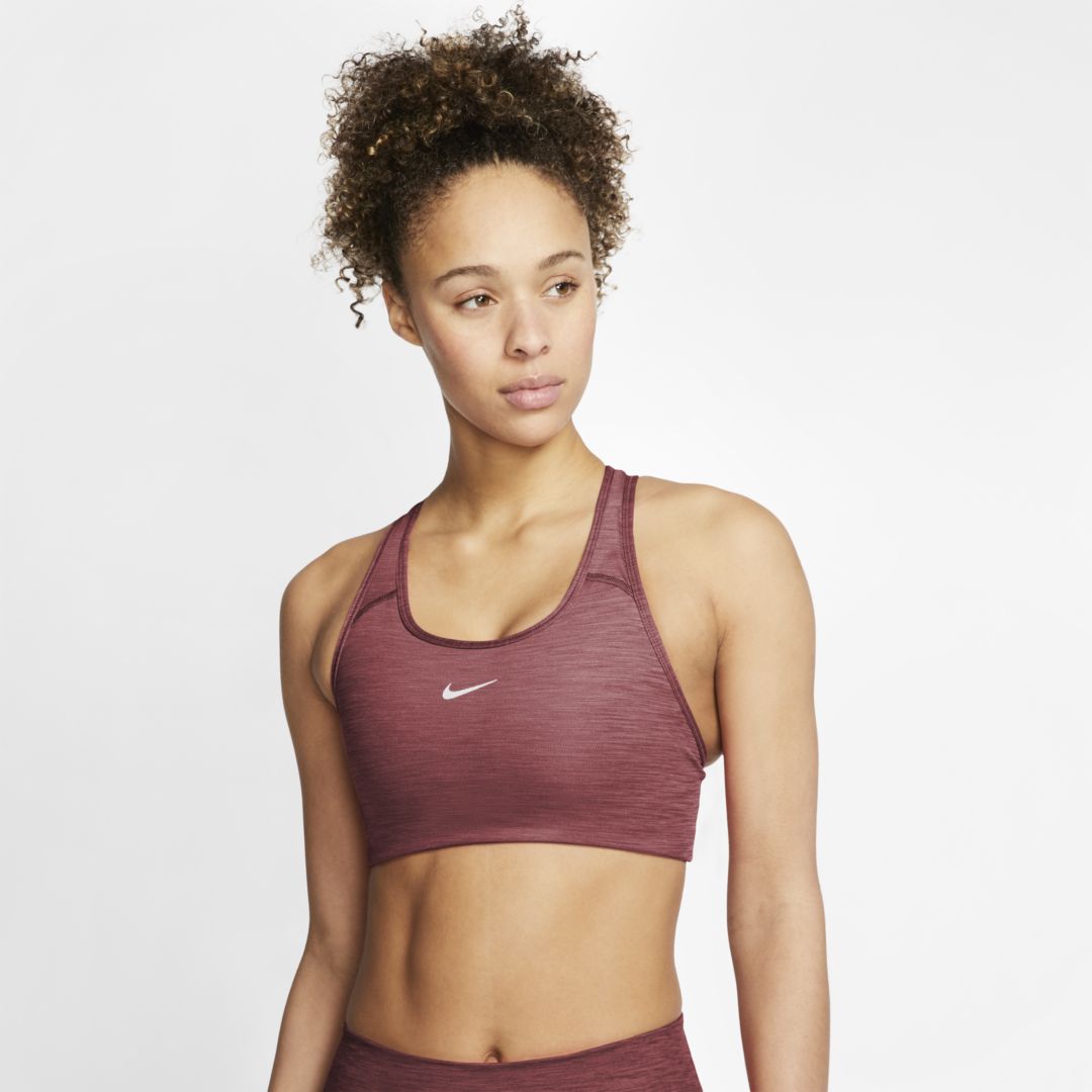 Nike Swoosh Medium-Support 1-Piece Pad Sports Bra Rosewood The Nike Dri-FIT  Swoosh Sports Bra features our removable 1-piece pad designed to load  easily from the top and keep a smooth and consistent