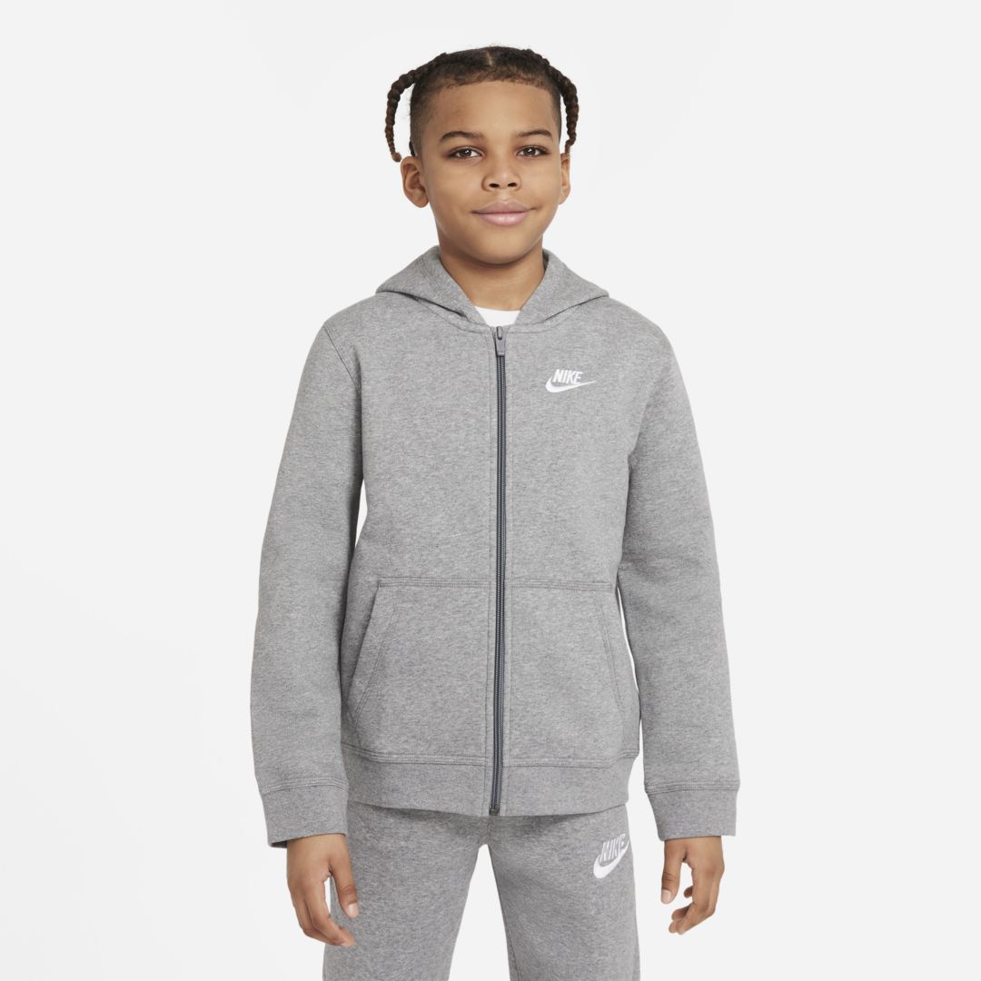 Nike Sportswear Club Big Kids' Full-zip Hoodie In Carbon Heather,smoke Grey,white