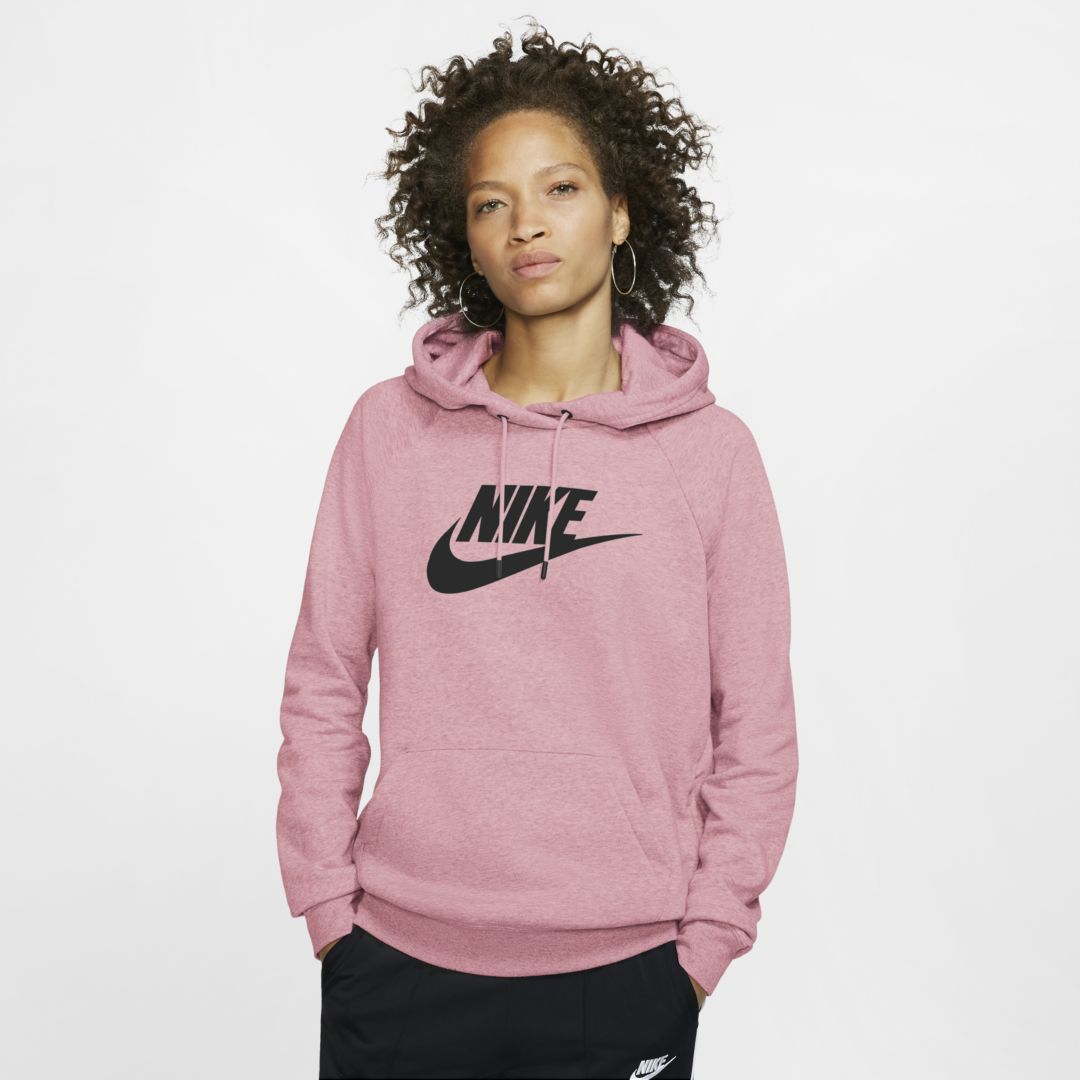 Nike Sportswear Essential Women's Fleece Pullover Hoodie In Pink Glaze,heather,black