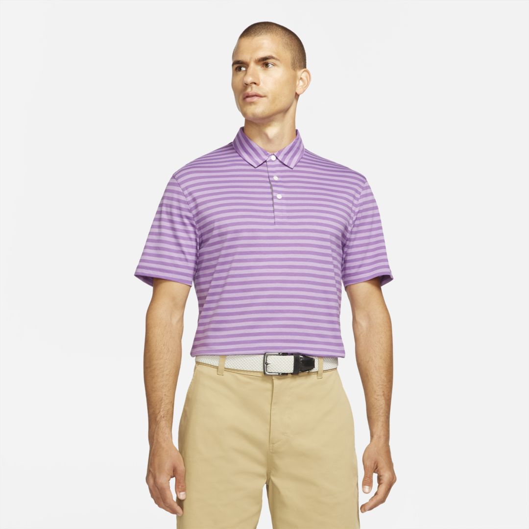Nike Dri-fit Player Men's Striped Golf Polo In Purple Nebula,purple Stardust,brushed Silver