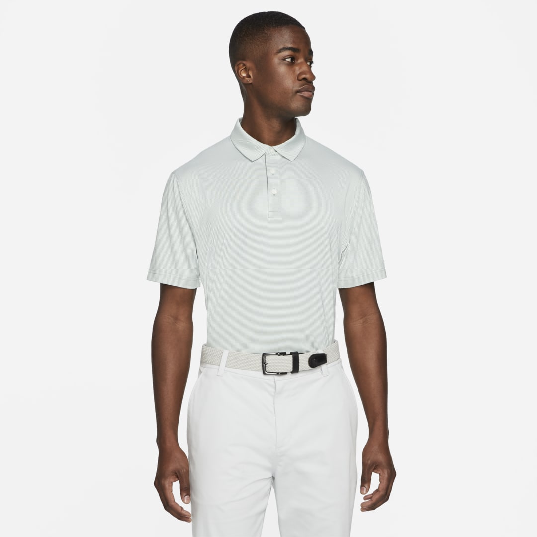 Nike Dri-fit Player Men's Striped Golf Polo In Healing Jade,white,brushed Silver