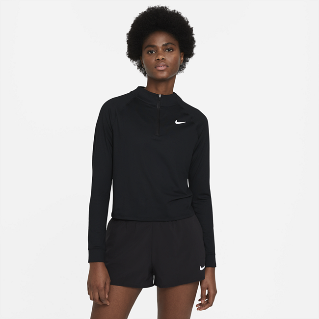 фото Женская теннисная футболка с длинным рукавом и молнией на половину длины nikecourt dri-fit victory - черный