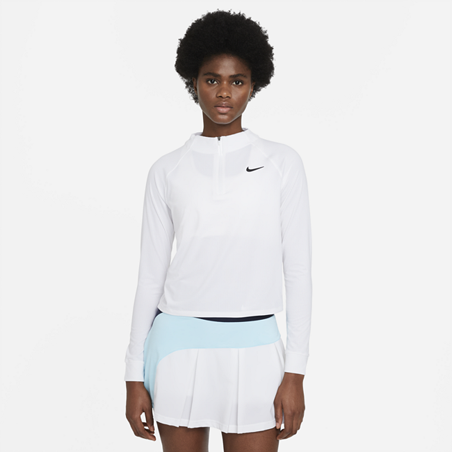 фото Женская теннисная футболка с длинным рукавом и молнией на половину длины nikecourt dri-fit victory - белый