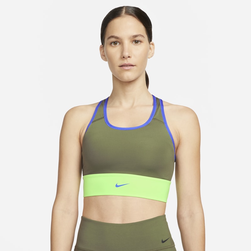 Sport-BH Nike Dri-FIT Swoosh med mediumstöd, ett inlägg och lång design för kvinnor - Brun