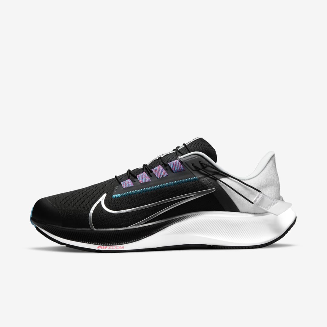 Nike Air Zoom Pegasus 38 Flyease Men's Easy On/off Road Running Shoes In Black,white,chlorine Blue,metallic Silver