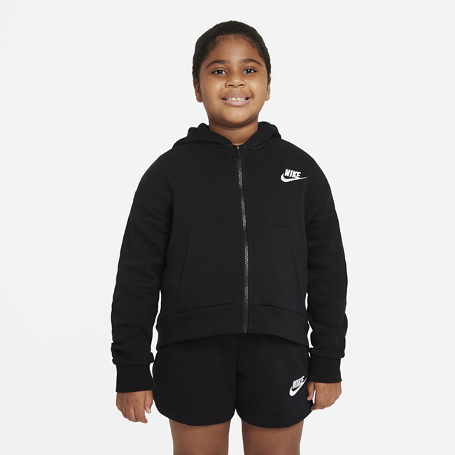 Nike Sportswear Club Fleece hettegenser med hel glidelås til store barn (jente) (utvidet størrelse) - Black