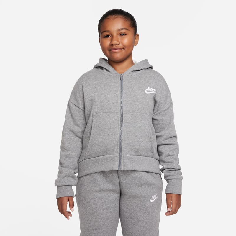 Bluza z kapturem i zamkiem na całej długości dla dużych dzieci (dziewcząt) Nike Sportswear Club Fleece (o wydłużonym rozmiarze) - Szary