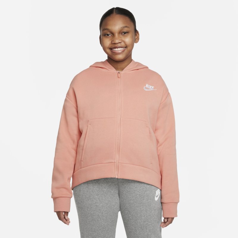 Bluza z kapturem i zamkiem na całej długości dla dużych dzieci (dziewcząt) Nike Sportswear Club Fleece (o wydłużonym rozmiarze) - Pomarańczowy