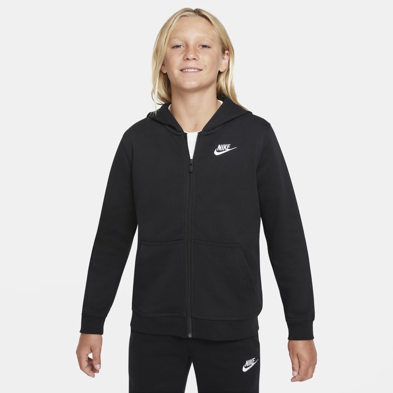 Dzianinowa bluza z kapturem i zamkiem na całej długości dla dużych dzieci (chłopców) Nike Sportswear Club - Czerń