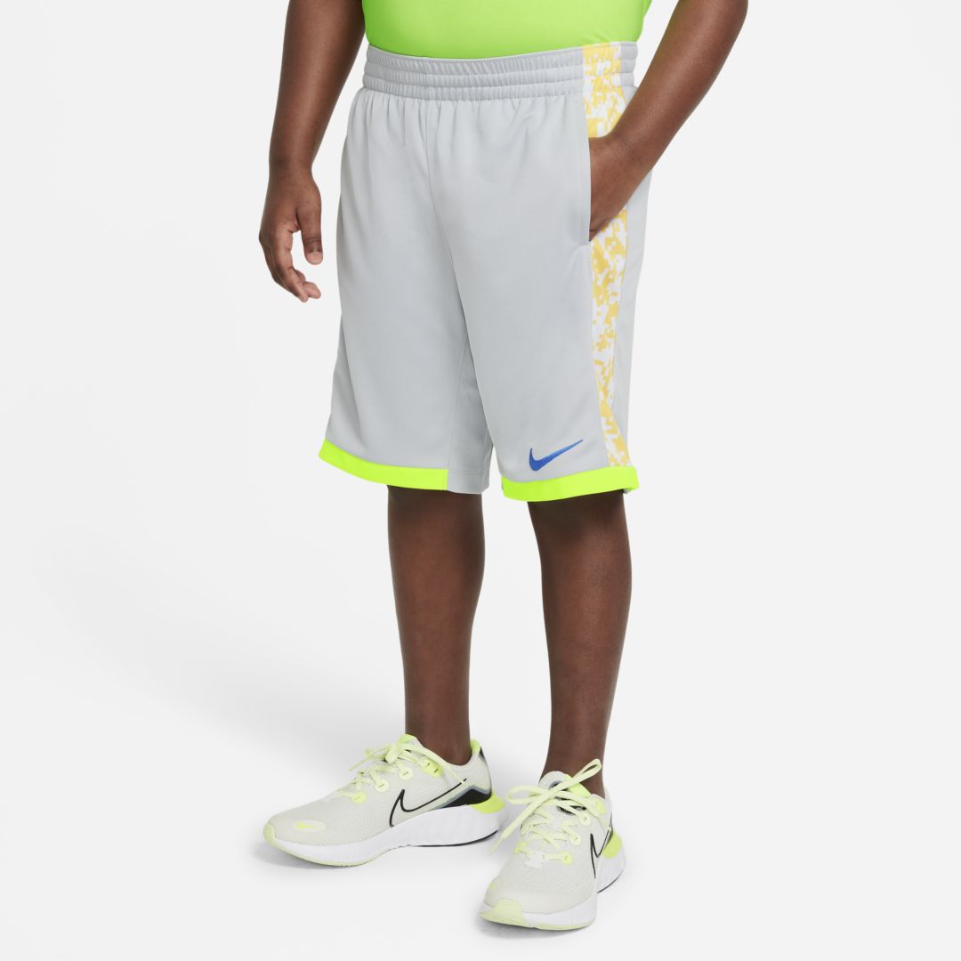 Nike Trophy Big Kids' Printed Shorts (extended Size) In Light Smoke Grey,volt,game Royal