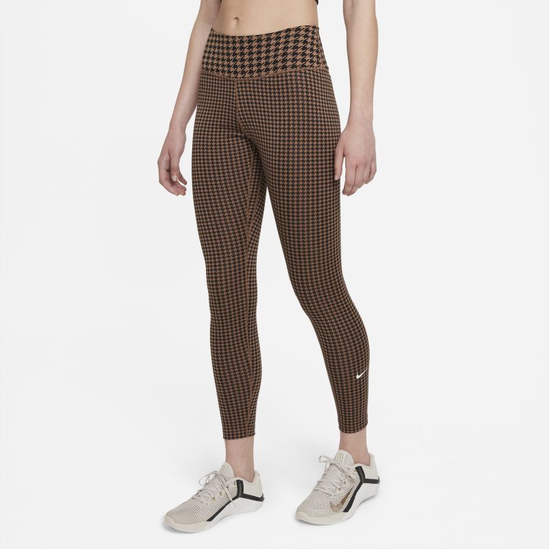 Mönstrade leggings i 7/8-längd med mellanhög midja Nike Dri-FIT One Icon Clash för kvinnor - Brun