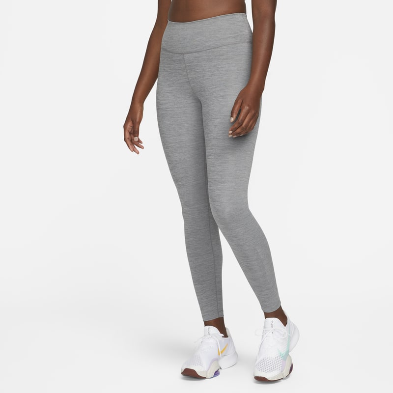 Leggings i 7/8-längd Nike Dri-FIT One med medelhög midja och tryck för kvinnor - Grå