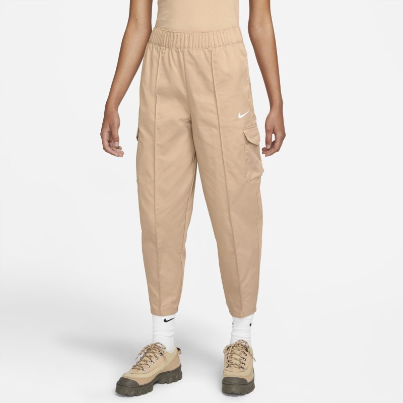 Damskie spodnie z tkaniny z wysokim stanem podkreślające sylwetkę Nike Sportswear Essentials - Brązowy