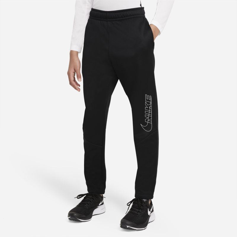 Spodnie treningowe o zwężanym kroju z nadrukiem dla dużych dzieci (chłopców) Nike Therma-FIT - Czerń