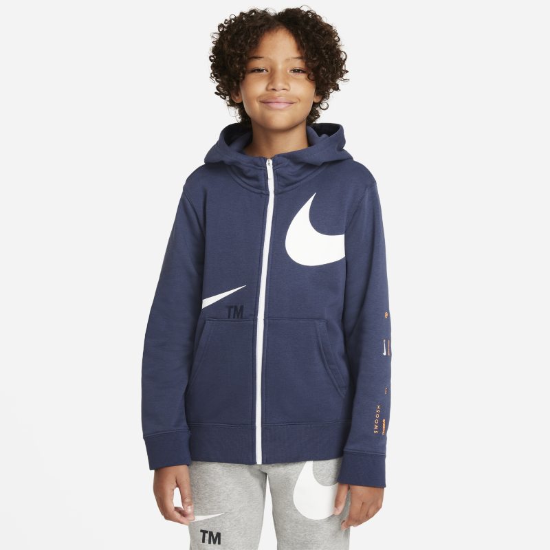 Dzianinowa bluza z kapturem i zamkiem na całej długości dla dużych dzieci (chłopców) Nike Sportswear Swoosh - Niebieski