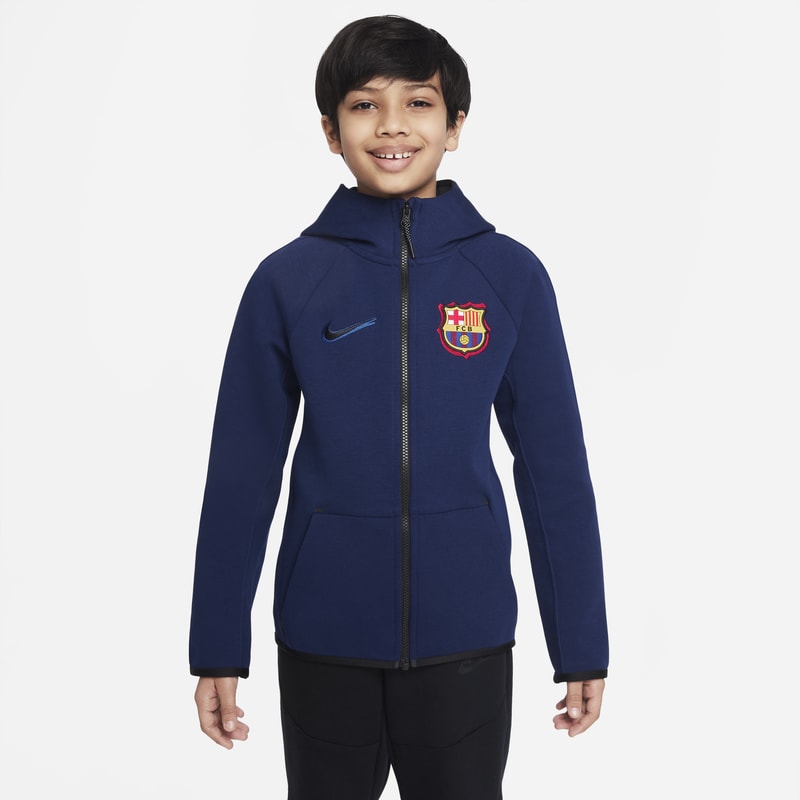 Bluza z kapturem i zamkiem na całej długości dla dużych dzieci FC Barcelona Tech Fleece Windrunner - Niebieski