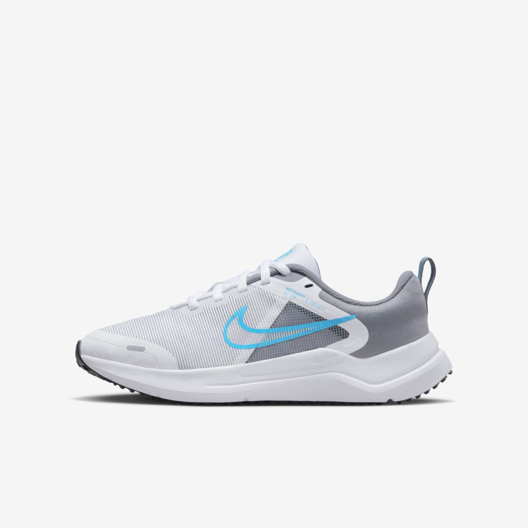 Nike Downshifter 12 Big Kids' Road Running Shoes In White,cool Grey,black,laser Blue