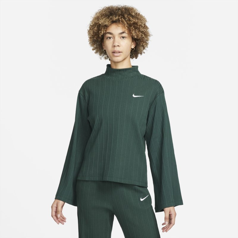 Damska dżersejowa koszulka z długim rękawem z prążkowanego materiału Nike Sportswear - Zieleń
