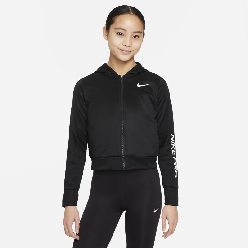 Bluza z kapturem i zamkiem na całej długości dla dużych dzieci (dziewcząt) Nike Pro Therma-FIT - Czerń