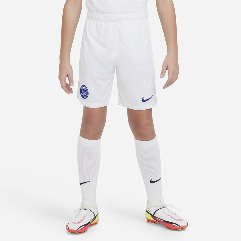 Spodenki piłkarskie dla dużych dzieci Nike Dri-FIT Paris Saint-Germain Stadium 2022/23 (wersja trzecia) - Biel