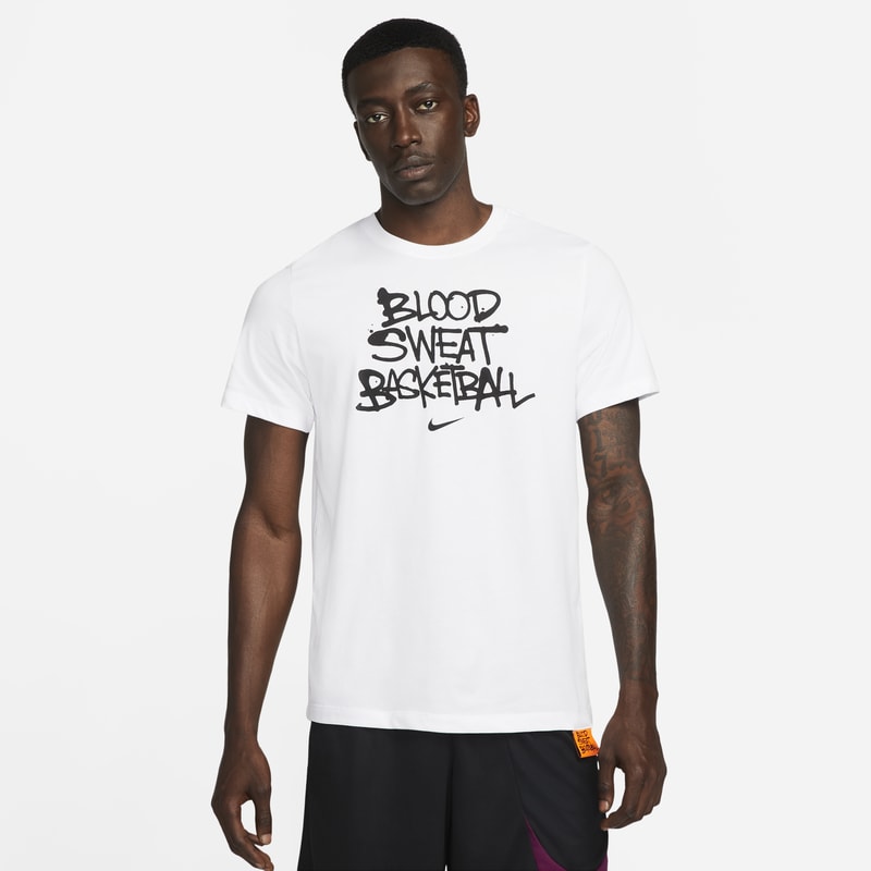 Męski T-shirt do koszykówki Nike Dri-FIT „Blood, Sweat, Basketball” - Biel