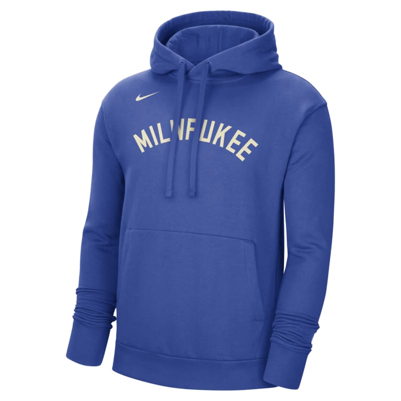 NBA-huvtröja i fleece Nike Milwaukee Bucks City Edition för män - Blå