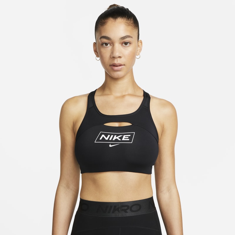 Ovadderad sport-BH med tryck Nike Pro Dri-FIT Swoosh med mediumstöd för kvinnor - Svart