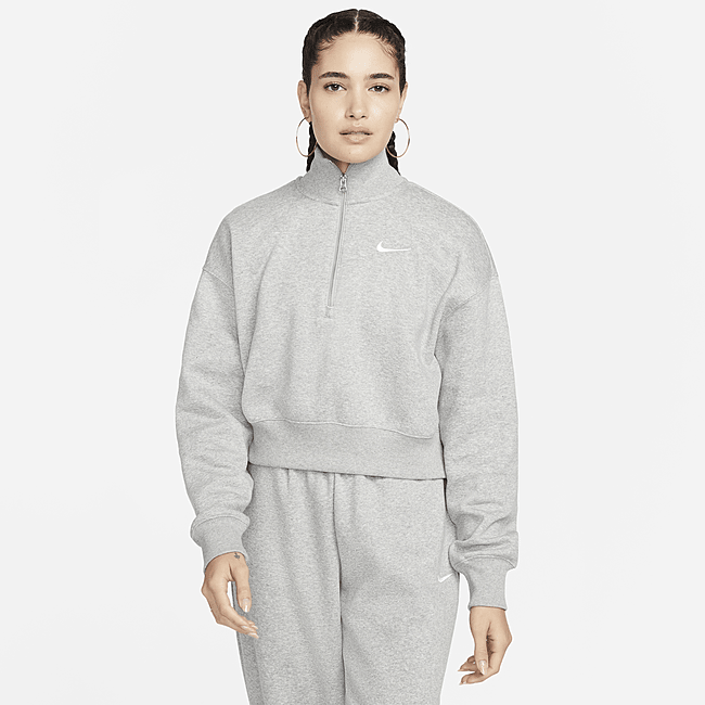 Nike Sportswear Phoenix Fleece ekstra stor, kort sweatshirt med halv glidelås til dame - Grey