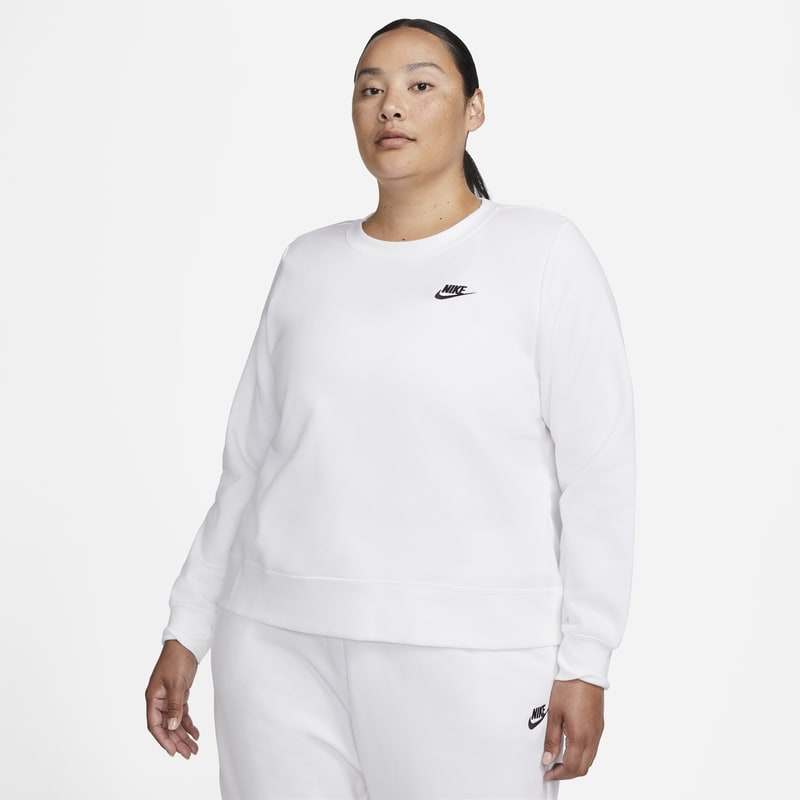 Damska bluza dresowa z półokrągłym dekoltem Nike Sportswear Club Fleece (duże rozmiary) - Biel
