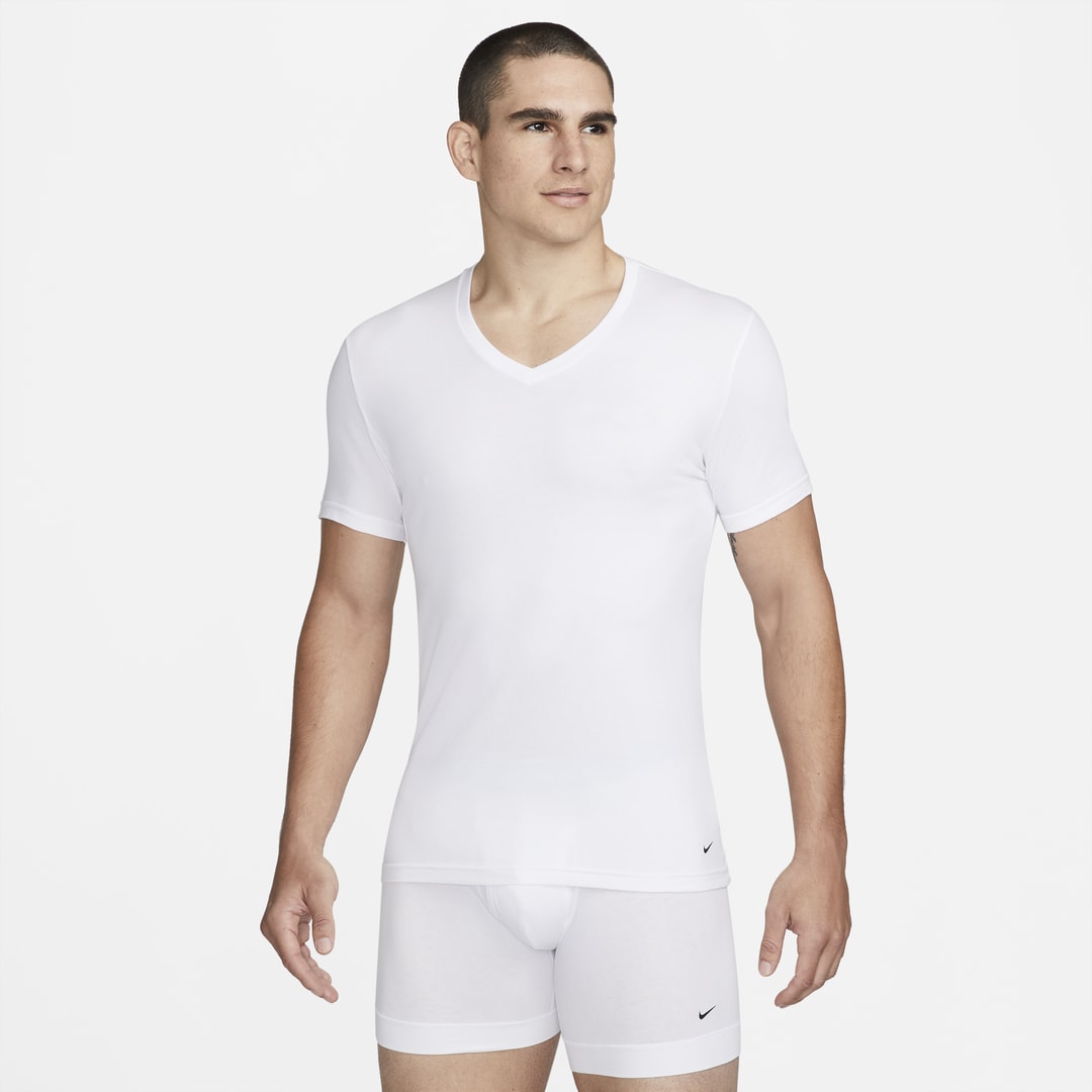 Shop Nike Men's Dri-fit Essential Cotton Stretch Slim Fit V-neck Undershirt (2-pack) In White