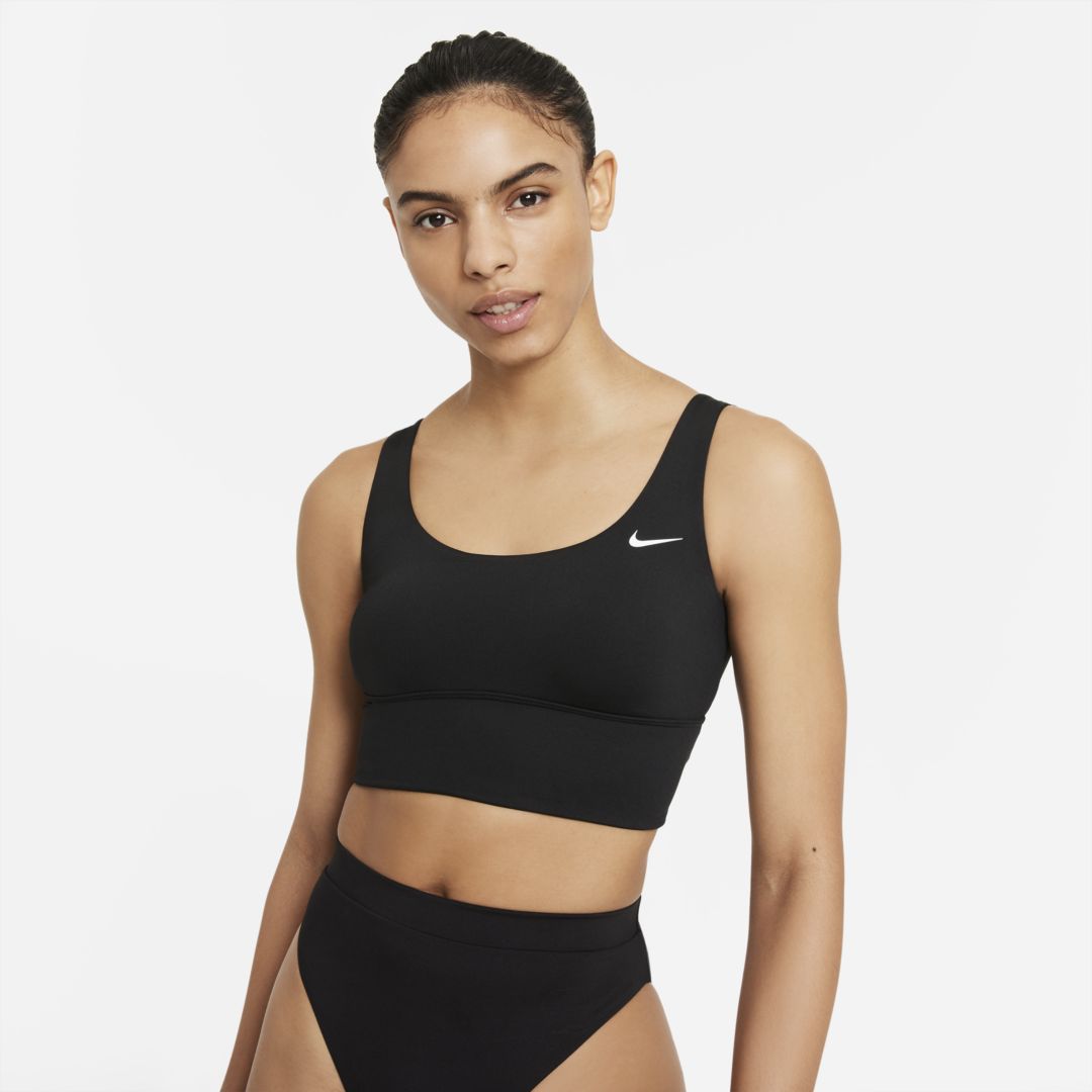 Shop Nike Women's Essential Scoop Neck Midkini Swim Top In Black