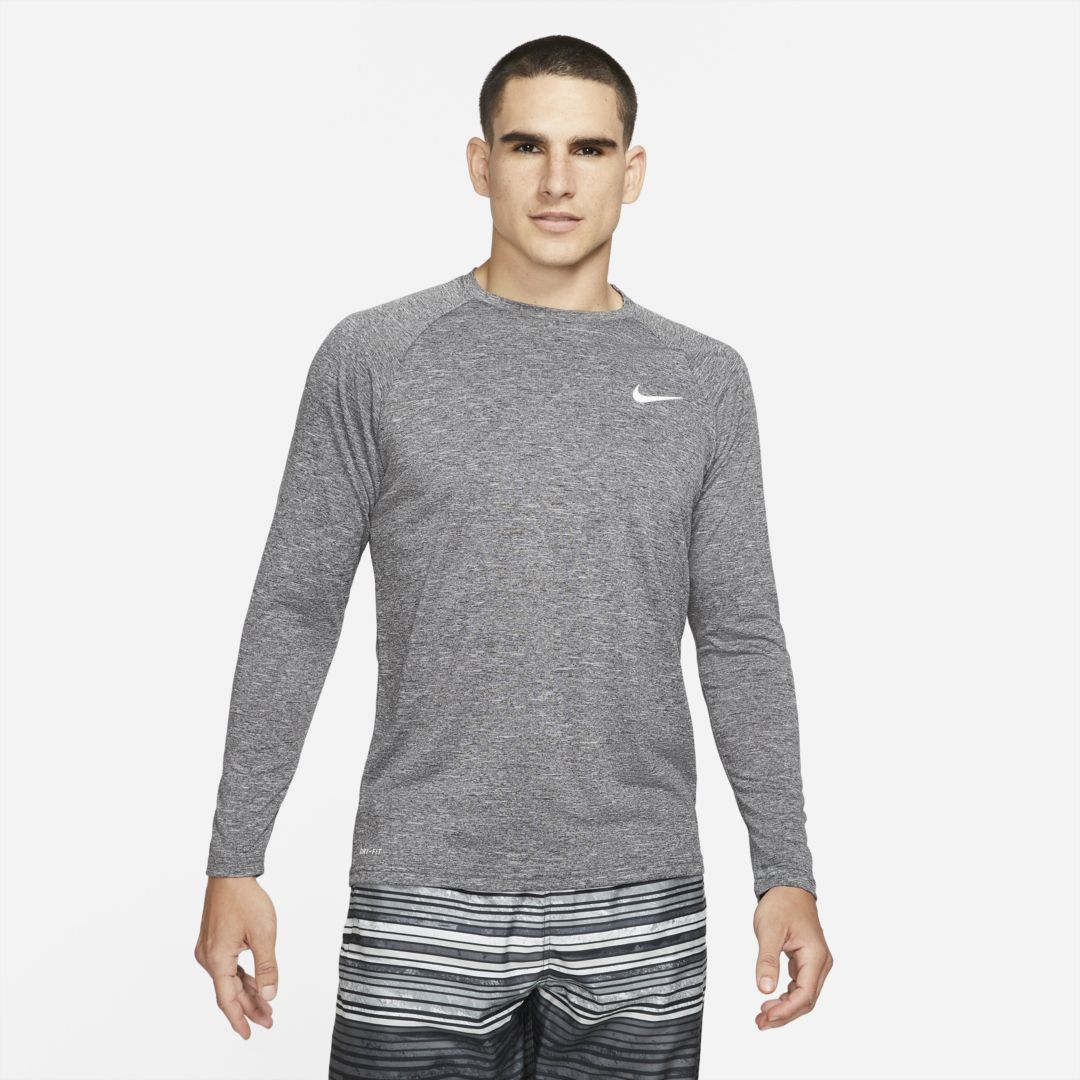 Nike Men's Heathered Long-sleeve Hydroguard Swim Shirt In Black