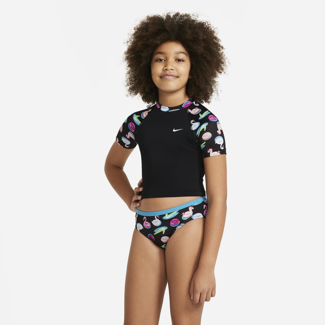 Nike Big Kids' (girls') Short-sleeve Crop Top Swim Set In Black
