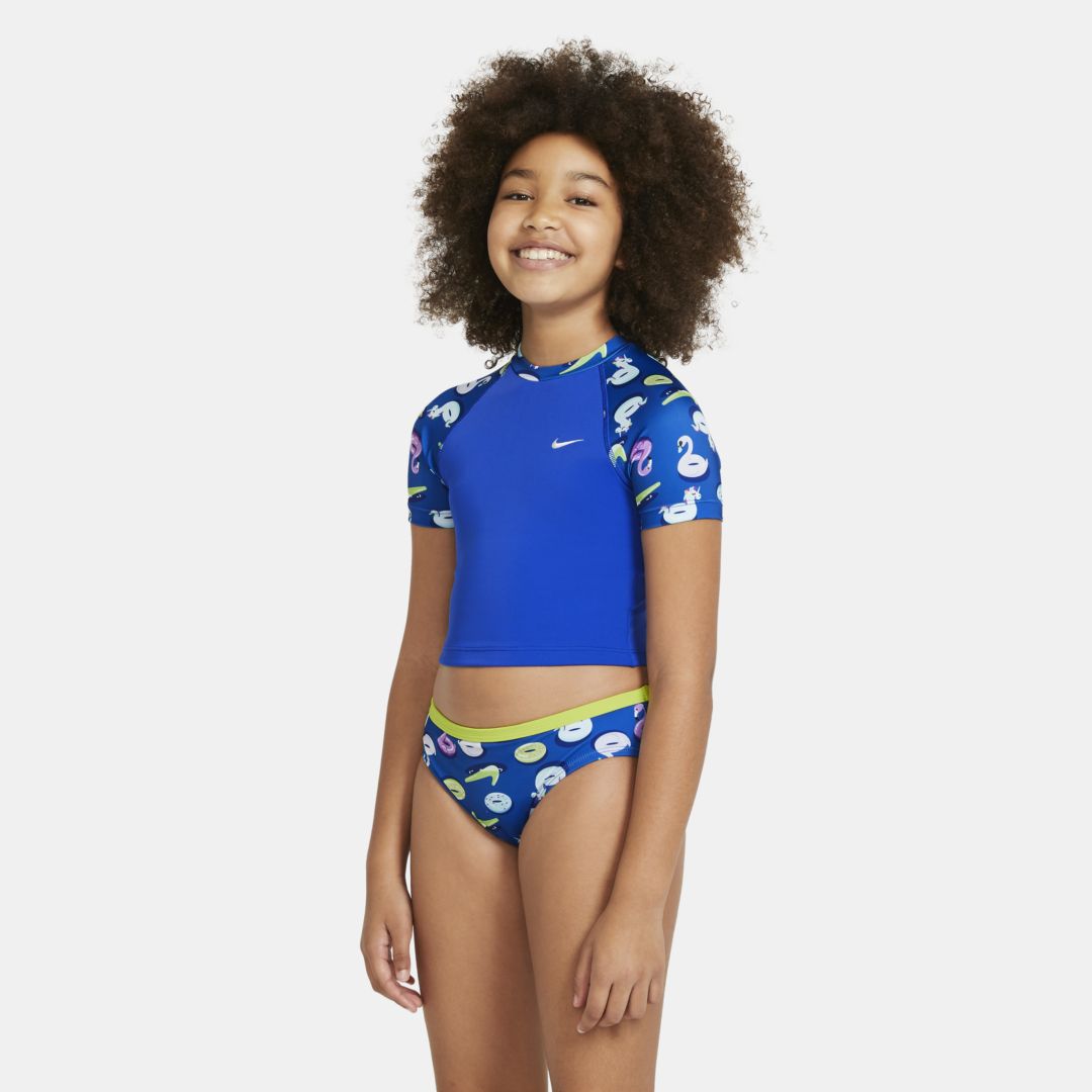 Nike Big Kids' (girls') Short-sleeve Crop Top Swim Set In Blue