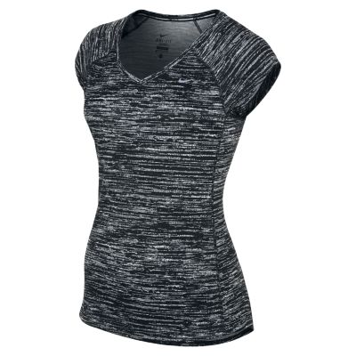 Nike Miler Printed Short Sleeve V Neck Womens Running Shirt   Black