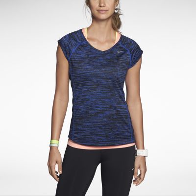 Nike Miler Printed Short Sleeve V Neck Womens Running Shirt   Game Royal