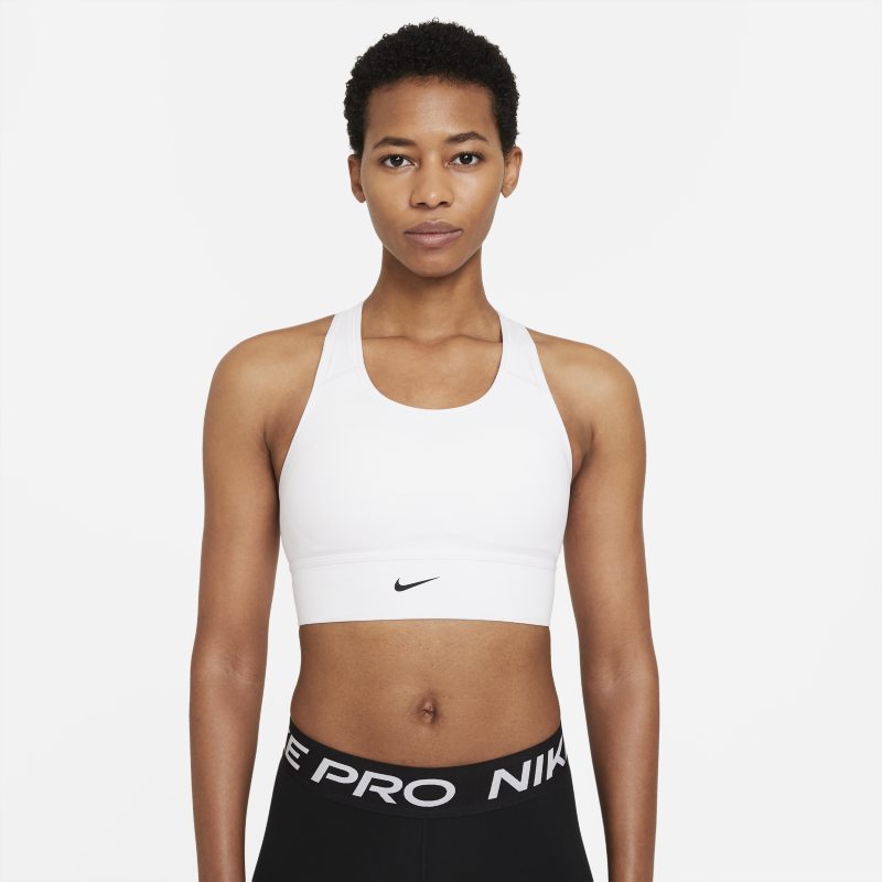 Nike Dri-FIT Swoosh Sujetador deportivo de sujeción media con almohadilla de una sola pieza y escote alto - Mujer - Blanco