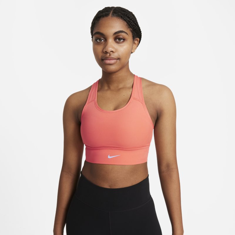Damski stanik sportowy z jednoczęściową wkładką o wydłużonym kroju zapewniający średnie wsparcie Nike Dri-FIT Swoosh - Pomarańczowy