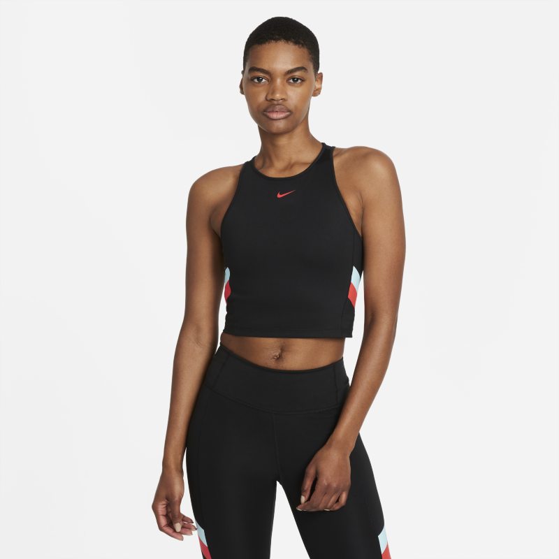 Damska koszulka treningowa bez rękawów o krótkim kroju z kontrastowymi pasami Nike - Czerń