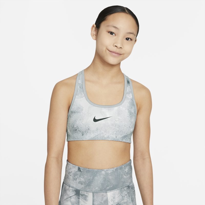 Dwustronny stanik sportowy z nadrukiem i efektem tie-dye dla dużych dzieci (dziewcząt) Nike Swoosh - Szary