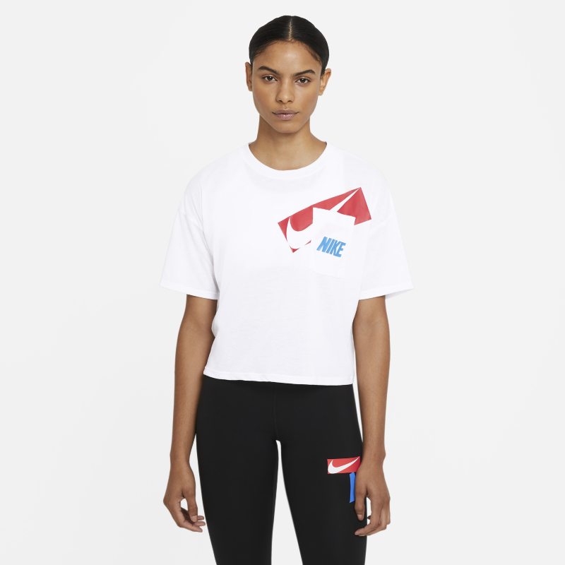 Damska krótka koszulka treningowa z nadrukiem Nike Dri-FIT - Biel
