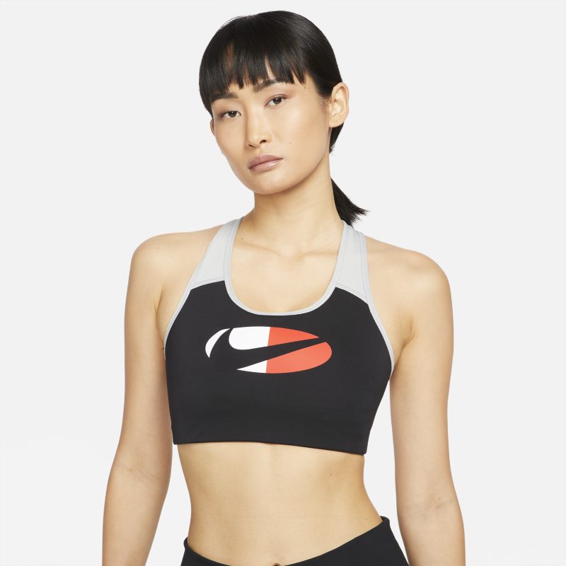 Nike Dri-FIT Swoosh Sujetador deportivo con sujeción media y almohadilla de una sola pieza con diseño Color Block - Mujer - Negro