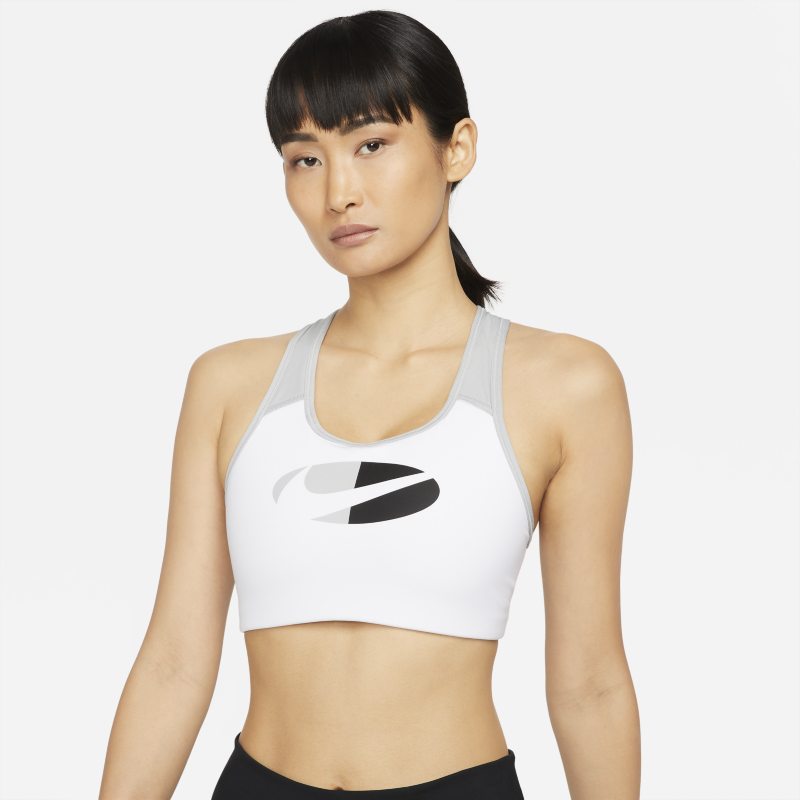 Nike Dri-FIT Swoosh Sujetador deportivo con sujeción media y almohadilla de una sola pieza con diseño Color Block - Mujer - Blanco