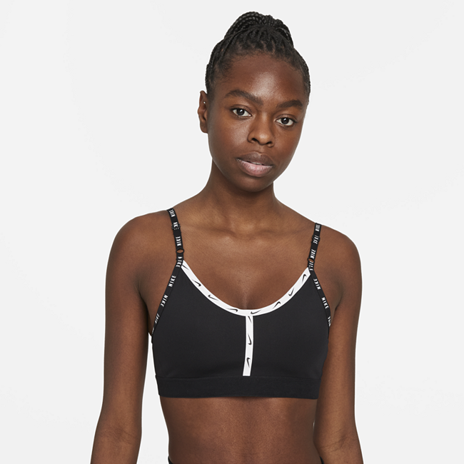 Image of Brassière de sport rembourrée à maintien léger avec bande logo Nike Dri-FIT Indy pour Femme - Noir
