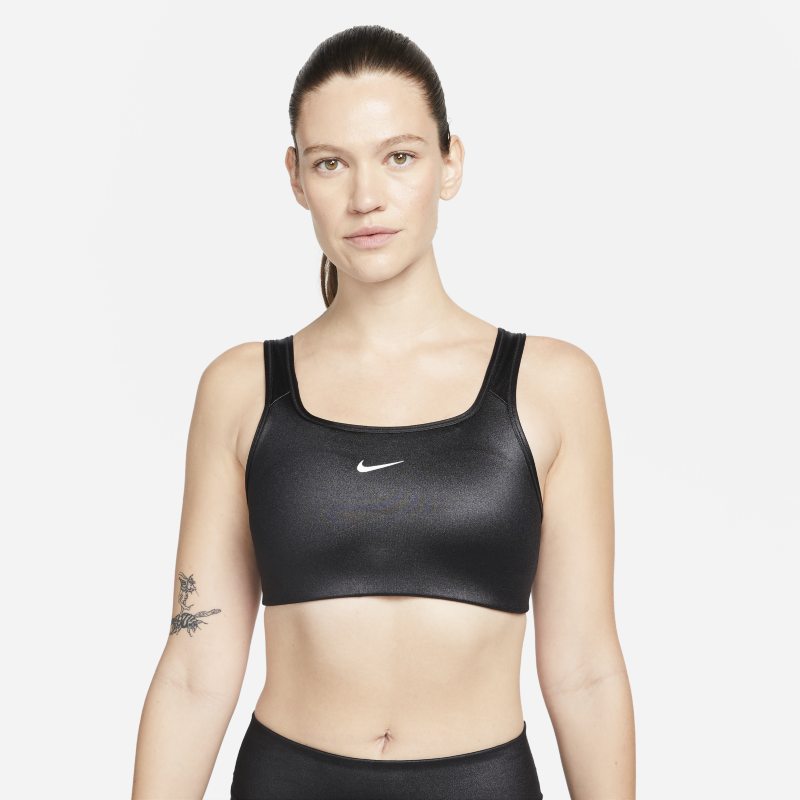 Nike Dri-FIT Swoosh Sujetador deportivo con sujeción media y almohadilla de una sola pieza con brillo - Mujer - Negro