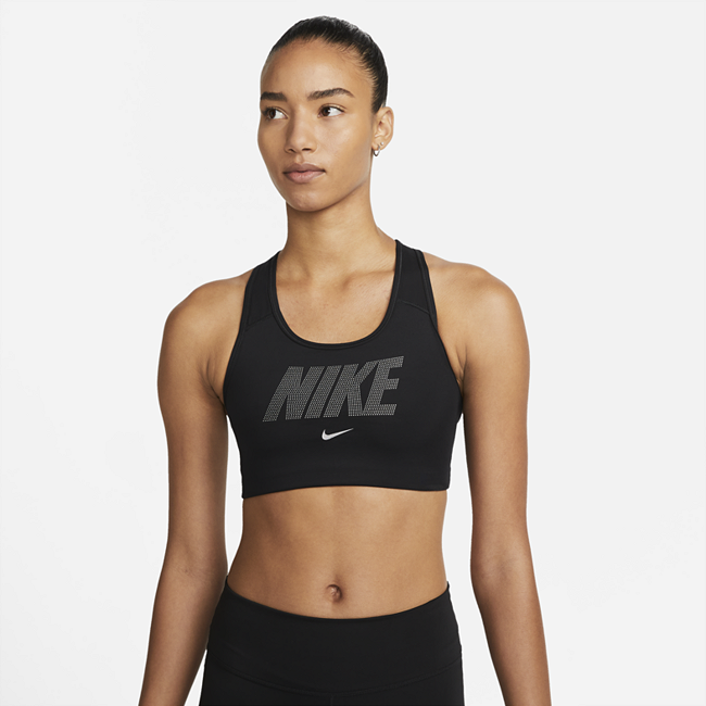 Image of Brassière de sport non rembourrée à maintien normal et motif métallisé Nike Dri-FIT Swoosh pour Femme - Noir