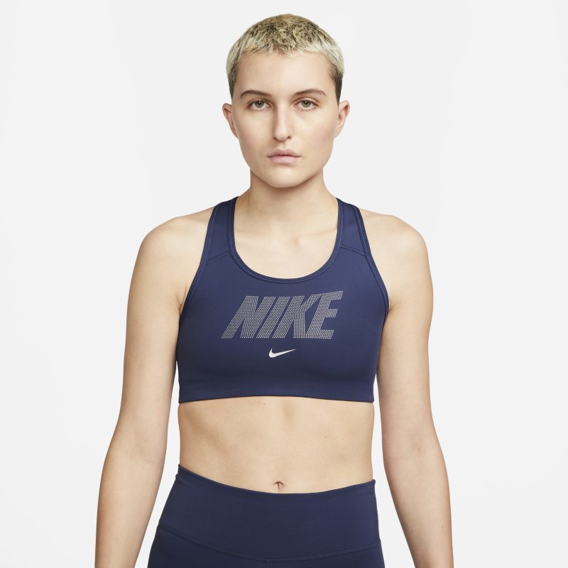 Nike Dri-FIT Swoosh Sujetador deportivo de sujeción media sin almohadilla con estampado metalizado - Mujer - Azul