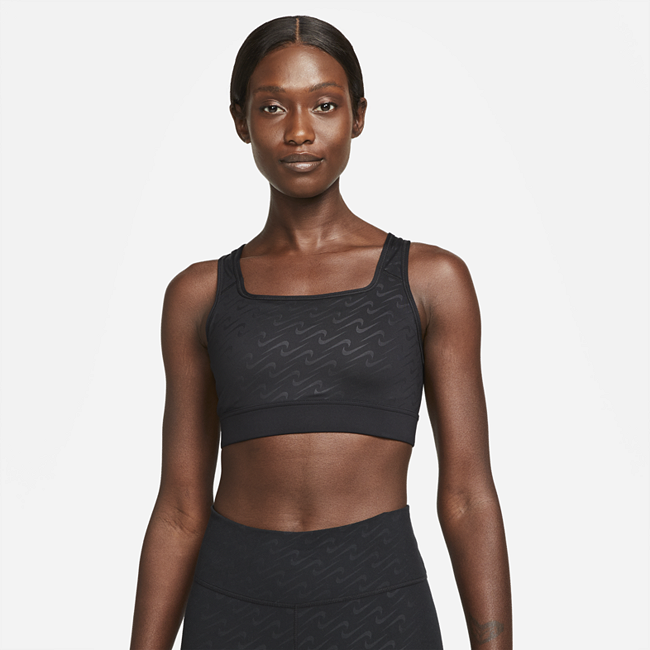Image of Brassière de sport imprimée à maintien normal avec coussinet une pièce Nike Dri-FIT Swoosh Icon Clash pour Femme - Noir